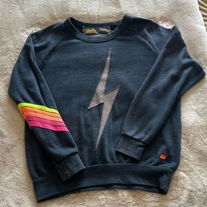 Aviator Nation Charcoal Sweatshirt with Lightning and neon striped Sleeve